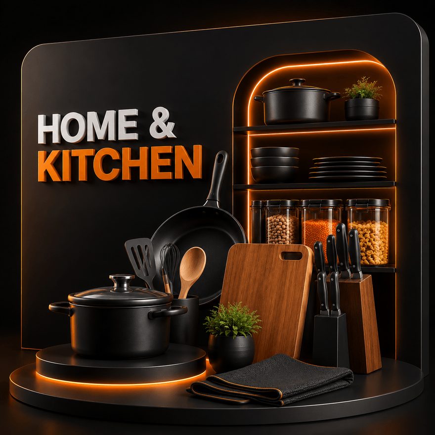 Home & Kitchen product range — premium cookware and utensils on a branded display