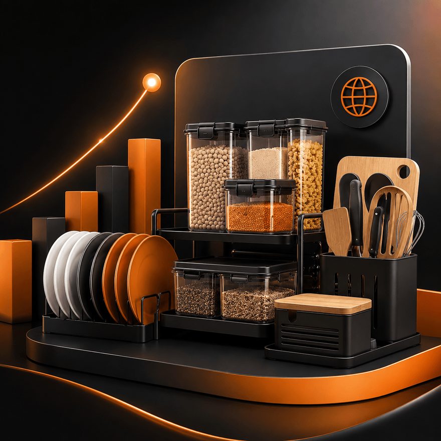 Kitchen storage product range — airtight containers, utensils and a growth chart