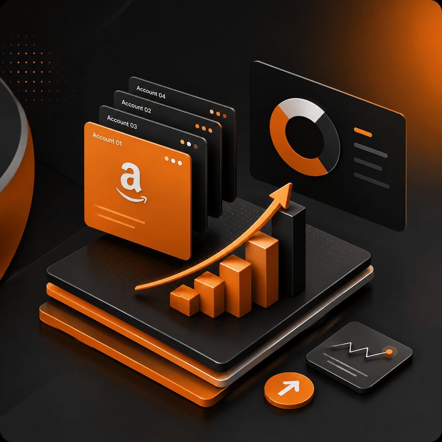 Multi-account Amazon growth — account dashboards and a rising sales chart